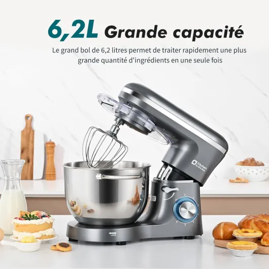 Robot Pâtissier 1400W, Bol 6,2L en Acier Inoxydable, 6 Vitesses, Fouet, Crochet et Batteur Inclus, Idéal pour Pâtisserie et Boulangerie (Gris) 6.2L Gris