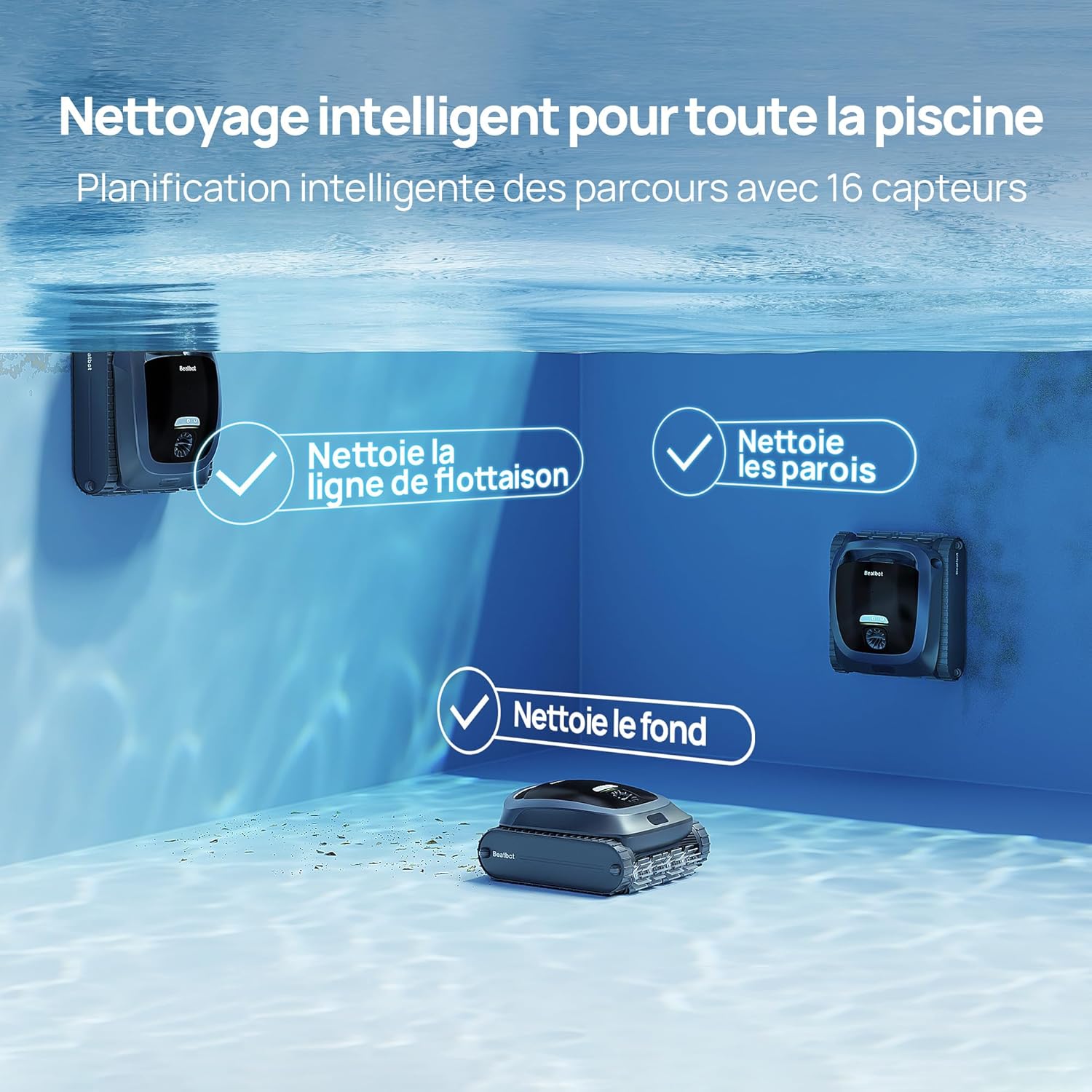 AquaSense 2 Robot Piscine sans Fil, Aspirateur Piscine avec Remontée Automatique, nettoie Le Fond, Parois et flottaison, Nettoie la Ligne d'eau en 2 passages, pour piscines jusqu'à 3 230 pi² Bleu Nuit