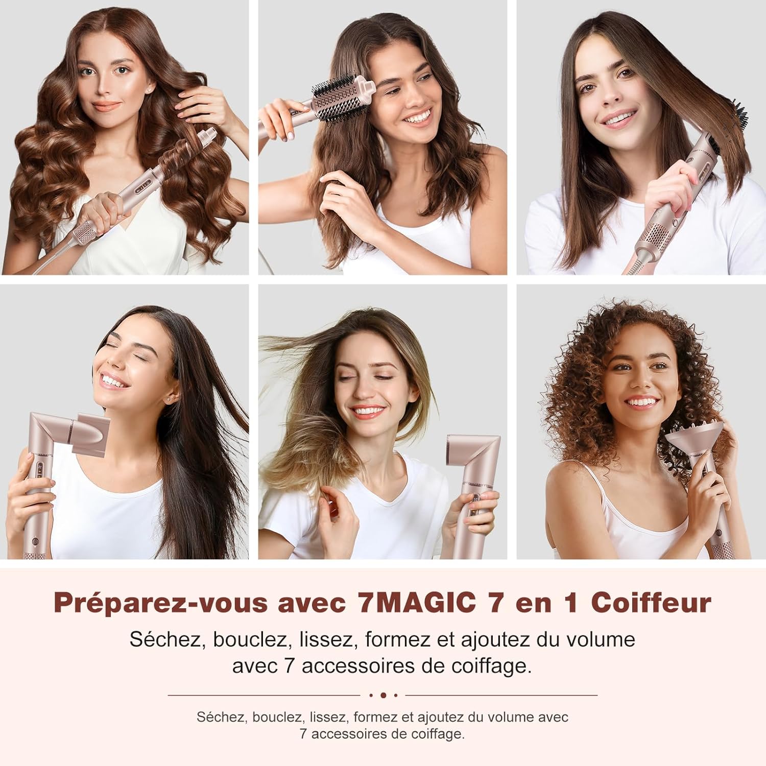 7MAGIC 7 en 1 Air Styler, Sèche-cheveux Ionique, Brosse Soufflante, Lisseur, Fer à Friser Automatique, Ensemble de Coiffure Multifonction Professionnel, sans Dommage Thermiqu, avec Boîte de Voyage