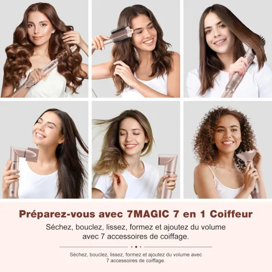 7MAGIC 7 en 1 Air Styler, Sèche-cheveux Ionique, Brosse Soufflante, Lisseur, Fer à Friser Automatique, Ensemble de Coiffure Multifonction Professionnel, sans Dommage Thermiqu, avec Boîte de Voyage