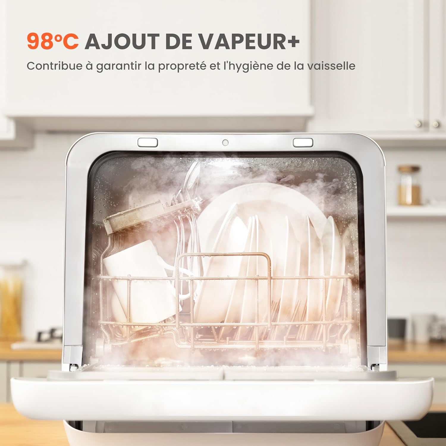' Lave-vaisselle de comptoir, mini lave-vaisselle de table avec 6 programmes, lavage à la vapeur,Soins pour bébé et lavage des fruits, sans plomberie, démarrage différé, 72Heures stockage, blanc