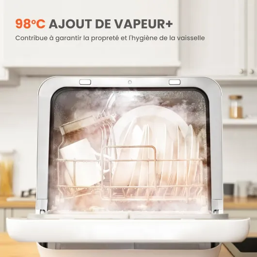 ' Lave-vaisselle de comptoir, mini lave-vaisselle de table avec 6 programmes, lavage à la vapeur,Soins pour bébé et lavage des fruits, sans plomberie, démarrage différé, 72Heures stockage, blanc