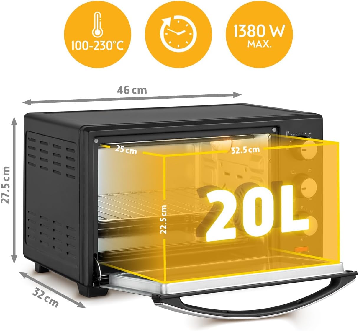 TZS First Austria - Mini Four 20L 1380W - Four avec réglage de la température jusqu'à 230°C - Avec minuteur de 60 min, 3 hauteurs d'insertion, plaque et grille - Pour petites cuisines et camping 20 L