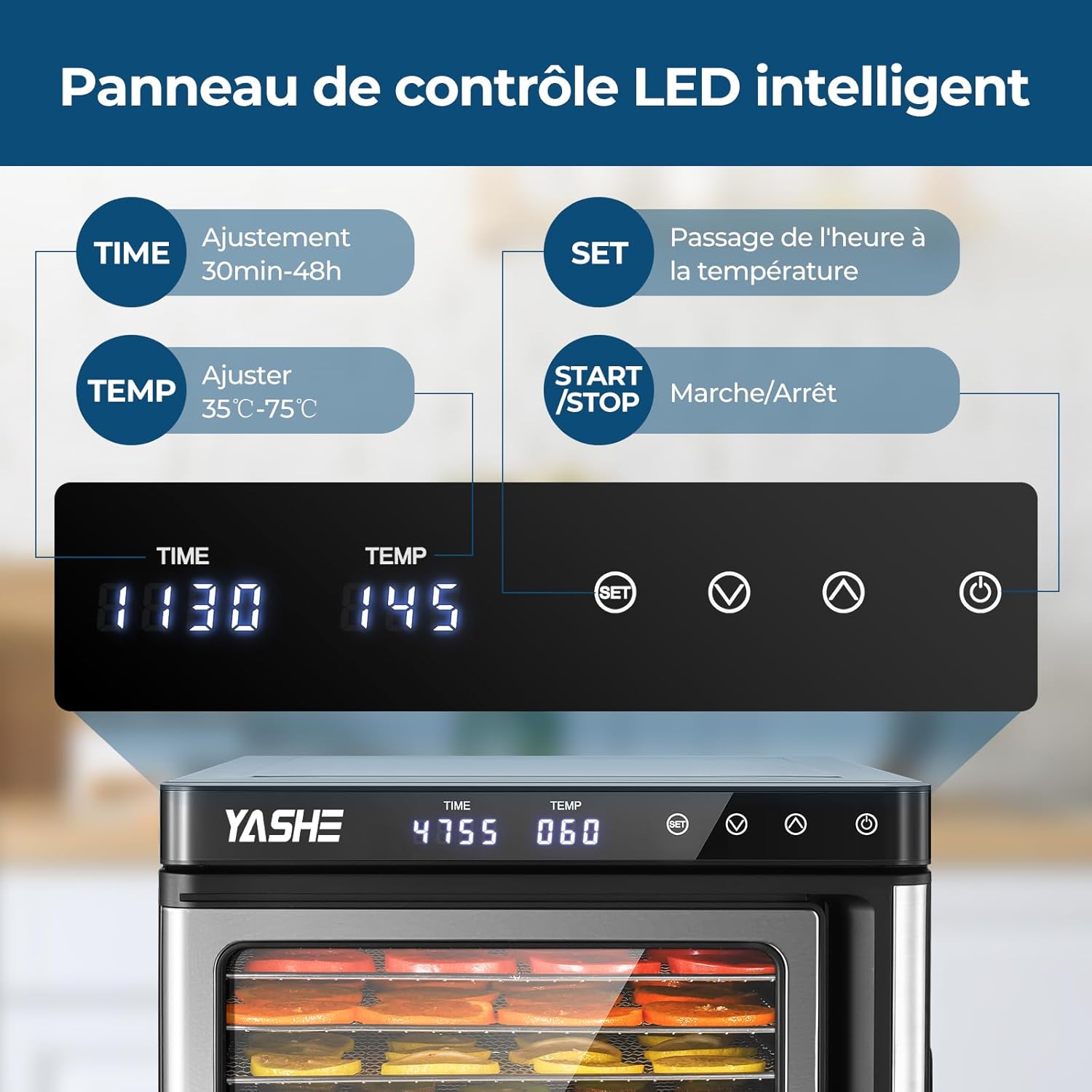 Déshydrateur Alimentaire en Acier Inoxydable, Température Contrôlée (35-75°C), Minuterie 48 Heures, 9 Plateaux en Acier Inoxydable, 2 Tamis à Mailles, 1 Plateau pour Rouleaux de Fruits, 1000 Watts