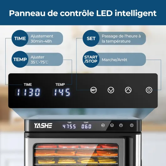 Déshydrateur Alimentaire en Acier Inoxydable, Température Contrôlée (35-75°C), Minuterie 48 Heures, 9 Plateaux en Acier Inoxydable, 2 Tamis à Mailles, 1 Plateau pour Rouleaux de Fruits, 1000 Watts