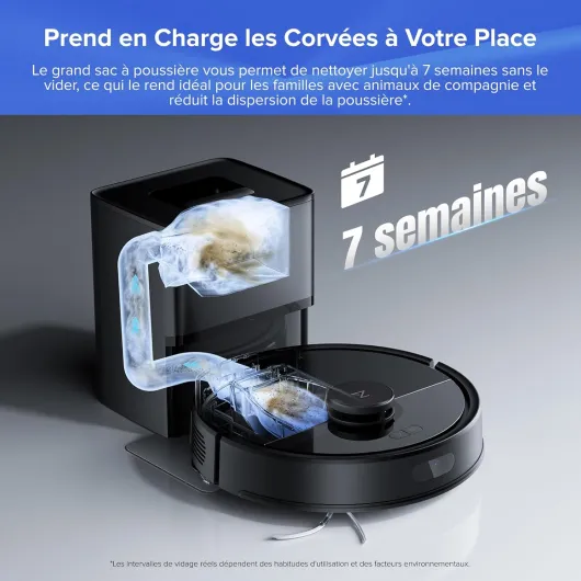 Q7 L5+ Robot Aspirateur Laveur avec Station, 8000 Pa Aspiration, Vidange Automatique, Navigation LiDAR, 3 Niveaux d'eau, pour Poils d'animaux/Tapis, App Q7 L5+ Noir