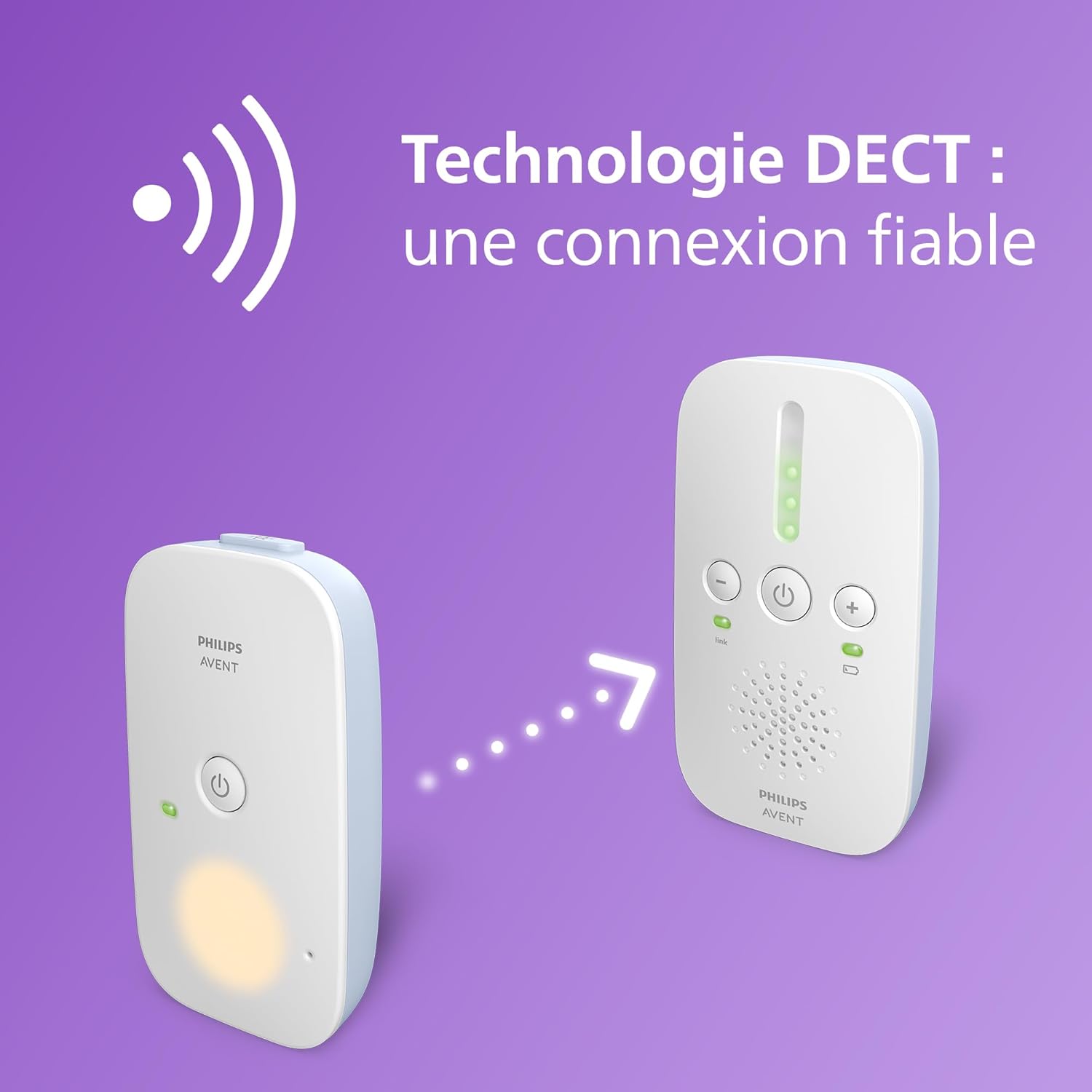 Avent DECT - Écoute-bébé audio bidirectionnel, sans interférence, portée de 330 mètres, autonomie de 24 heures, mode Smart ECO, veilleuse, SCD503/26
