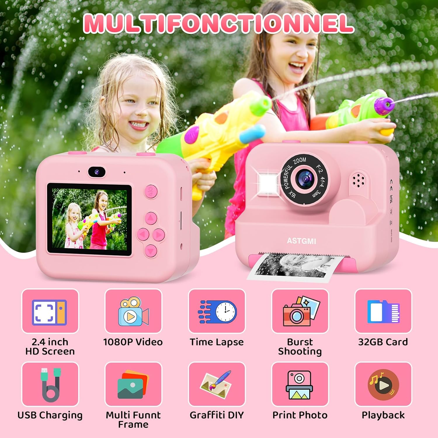 Appareil Photo Enfant, Appareil Photo Instantané 2.4" Écran avec Papier d'impression et Carte 32GB, Mode Video et Selfie, Jouet Cadeau pour Filles Garçons Enfant de 3-14 Ans(Rose)
