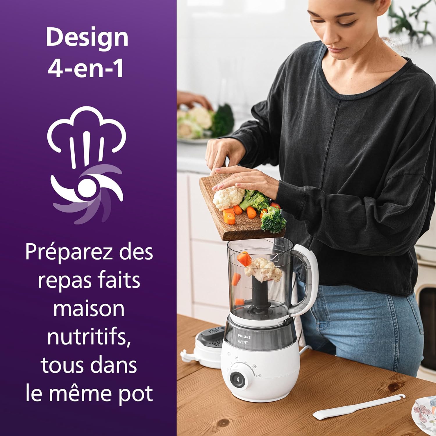 Philips Avent - Robot cuiseur vapeur-mixeur 4 en 1 pour bébé, cuisez à la vapeur, mixez, décongelez, réchauffez, passe au lave-vaisselle, modèle SCF883/01 Robot Cuiseur-Mixer 4-en-1 pour bébé