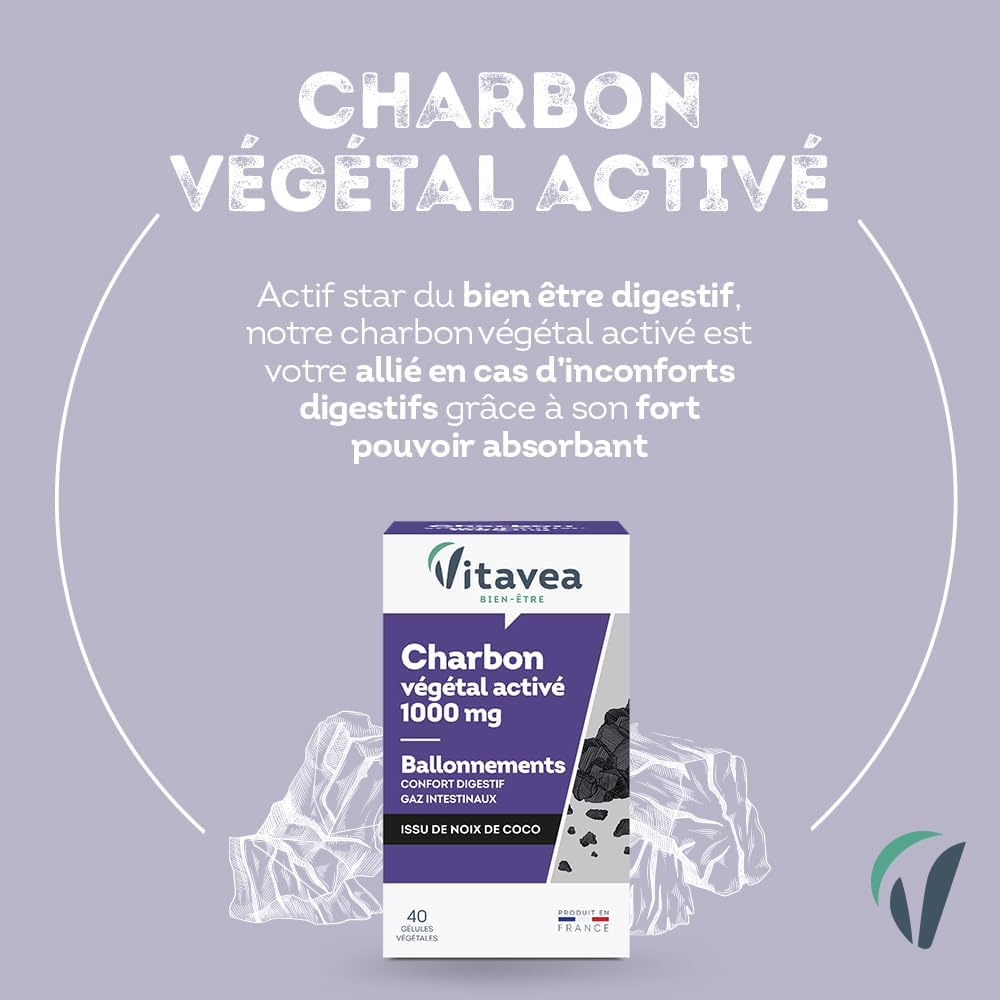 VITAVEA BIEN-ETRE - Charbon Actif Végétal 1000 mg - Complément Alimentaire Triple Action - Confort Digestif, Ballonnements, Gaz Intestinaux - 40 gélules - Cure de 10 jours - Fabriqué en France Charbon végétal activé