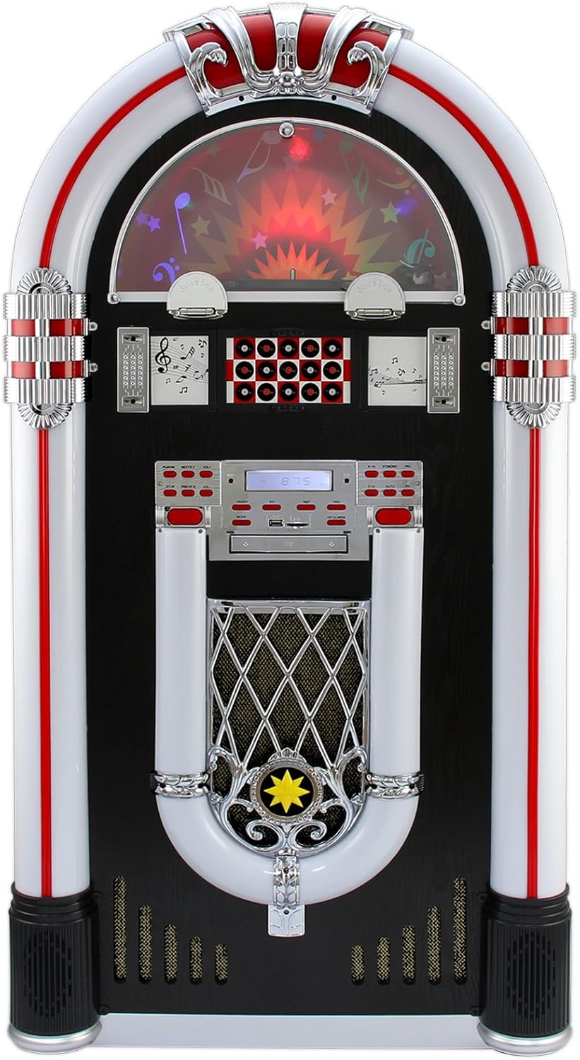 Jukebox Rétro à Poser sur Le Sol MonsterShop Lecteur CD, MP3, Bluetooth, Radio, AUX, Eclairage