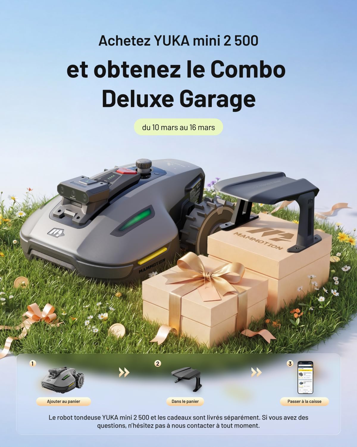 YUKA Mini 2 500 Robot Tondeuse avec Garage Standard, jusqu'à 500m², AI Traitement d’Image à Trois Caméras Robot Tondeuse, Auto Cartographie Multi-Zones, DropMow, Édition Manuelle de Carte YUKA mini 2 500 avec Garage