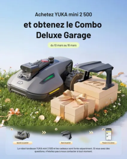 YUKA Mini 2 500 Robot Tondeuse avec Garage Standard, jusqu'à 500m², AI Traitement d’Image à Trois Caméras Robot Tondeuse, Auto Cartographie Multi-Zones, DropMow, Édition Manuelle de Carte YUKA mini 2 500 avec Garage