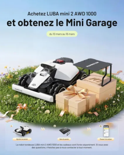 LUBA Mini 2 AWD 1000 Robot Tondeuse, AI Vision à Tri-Caméra & Positionnement NetRTK, Auto-Cartographie, DropMow, Pentes 80%, Hauteur de Coupe 20-65mm, Gestion Multizone jusqu'à 30 Zones
