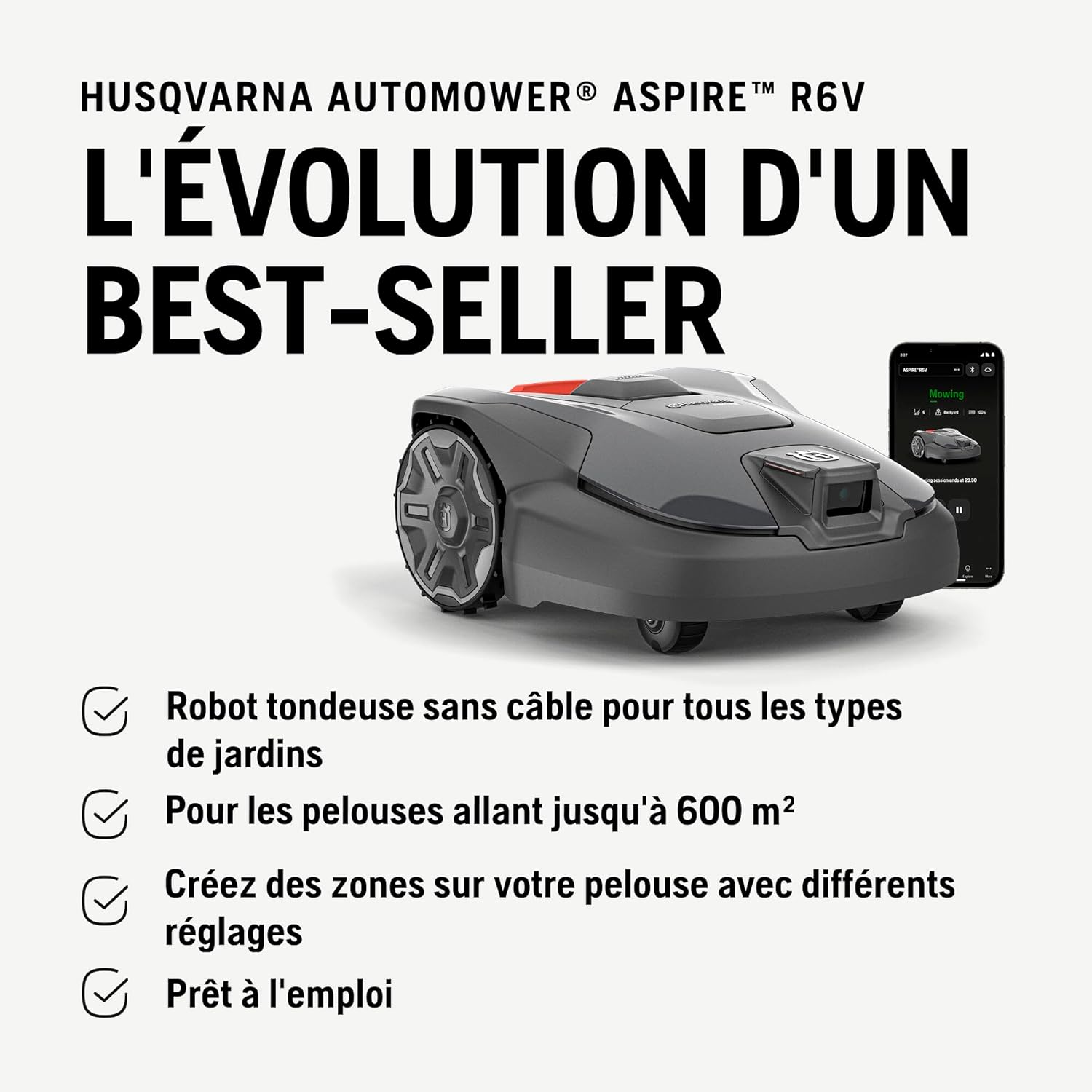 HUSQVARNA Automower® Aspire R6V – Robot Tondeuse sans Fil périphérique, détection IA Vision, Navigation GPS, Application WiFi, Tonte systématique, Zones virtuelles, jusqu'à 600 m² Aspire R6V (sans fil)