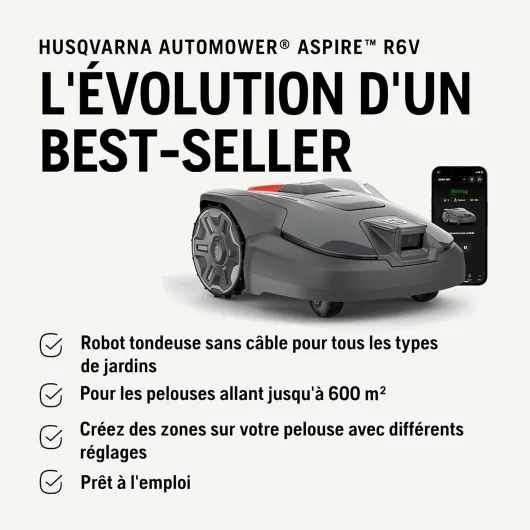 HUSQVARNA Automower® Aspire R6V – Robot Tondeuse sans Fil périphérique, détection IA Vision, Navigation GPS, Application WiFi, Tonte systématique, Zones virtuelles, jusqu'à 600 m² Aspire R6V (sans fil)