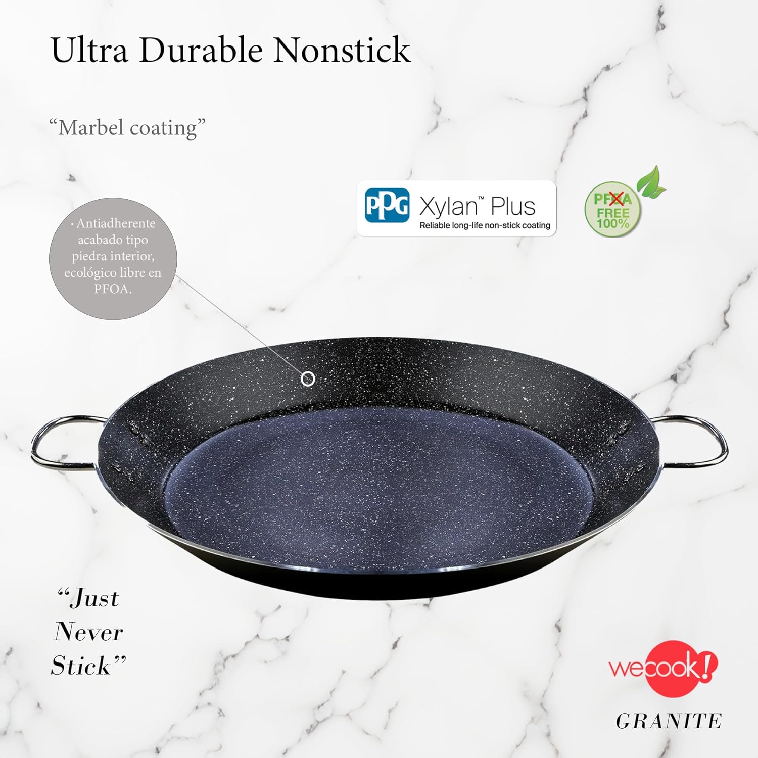 ! Granite poêle à paella induction, 46 cm, 12 Portions, Aluminium Pressé, Antiadhésif Écologique sans PFOA, Épaisseur de 3 mm, adaptée à Toutes les Cuisines, Vitrocéramique, Gaz, Lave-Vaisselle - 46 cms GRANITE