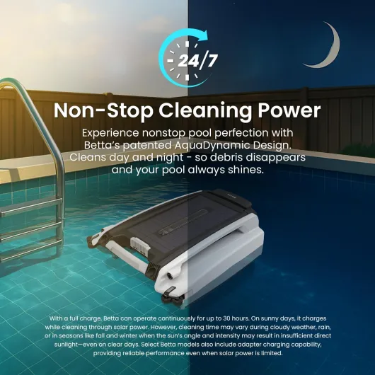 Betta SE Robot Nettoyeur Skimmer Solaire de Surface Piscine, Autonomie 30h, Moteurs Résistants Sel/Chlore, Anti-Obstacle Intelligent, Nettoyage Automatique 24/7 - Blanc