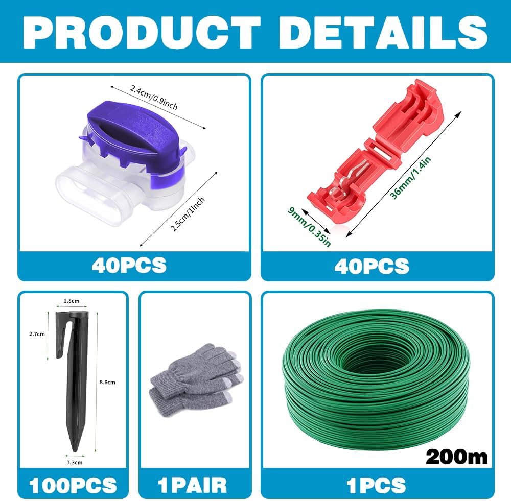 Cable Peripherique Robot Tondeuse 200m,Fil Robot Tondeuse,Universelles Cable Tondeuse+100Piquets+40Connecteurs de Câble+40Bornes de Connexion,Tondeuse Gazon Fil Périphérique,Accessoires pour tondeuses Vert/200