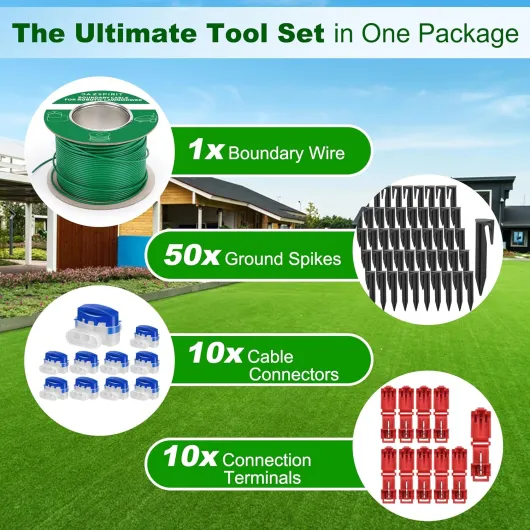 100 m Cable Robot Tondeuse + 50 Piquets + 10 Connecteurs de Câble + 10 Bornes de Connexion, Tondeuse Gazon Fil Périphérique Compatible avec Gardena Bosch Husqvarna Worx Honda Robomow etc 100M