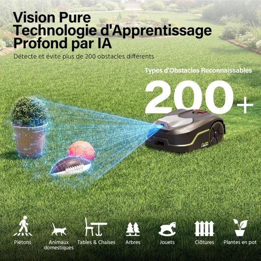 SUNTEK Robot Tondeuse sans Fil Périphérique - Robot Tondeuse IA + Vision pour 250 m², Technologie IA Caméra, Pente jusqu'à 35°, Étanchéité IPX5, Cartographie Automatique, Multizones, Contrôle APP SRM2025 Monophasé