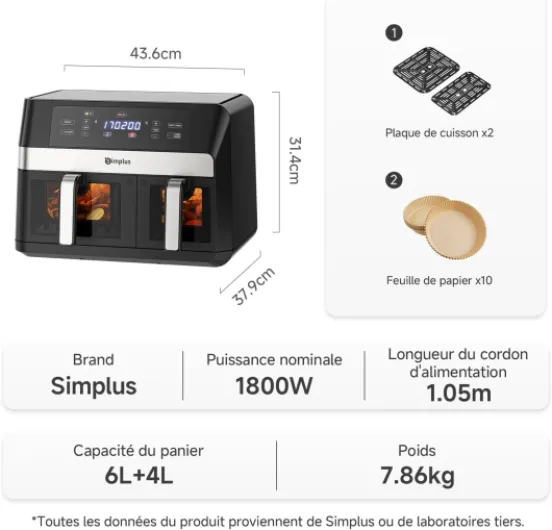 SIMPLUS Air Fryer Double panier avec cuisson vapeur, 10L, 11 Cooking Modes, Up to 90% Less Fat, Airfryer Deux Zones Contrôle Individuel Température Temps, Noir