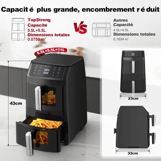 Air Fryer 11L, Friteuse sans Huile à 2 Tiroirs de Visualisation, Verticale Double Stack, 2500W & 40–220°C, 6 Fonctions de Cuisson, Design Compact 11L Noir & Visualisation