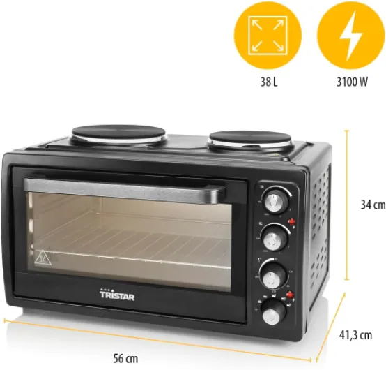 Four à convection avec 2 plaques chauffantes, Capacité : 38 L, 3100 W, Plaque de cuisson et gril, 90-230 ⁰C, adapté pour le camping, OV-1442, Noir