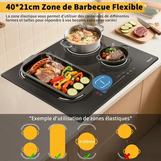 Plaque Induction 4 Feux avec Prise, Plaque à Induction 3500W avec Zone Flexible, Plaque de Cuisson Electrique Encastrable 60CM, Fonction Boost, Minuterie, Verrouillage de Sécurité, 220V 4 Feux 4 Feux avec Prise