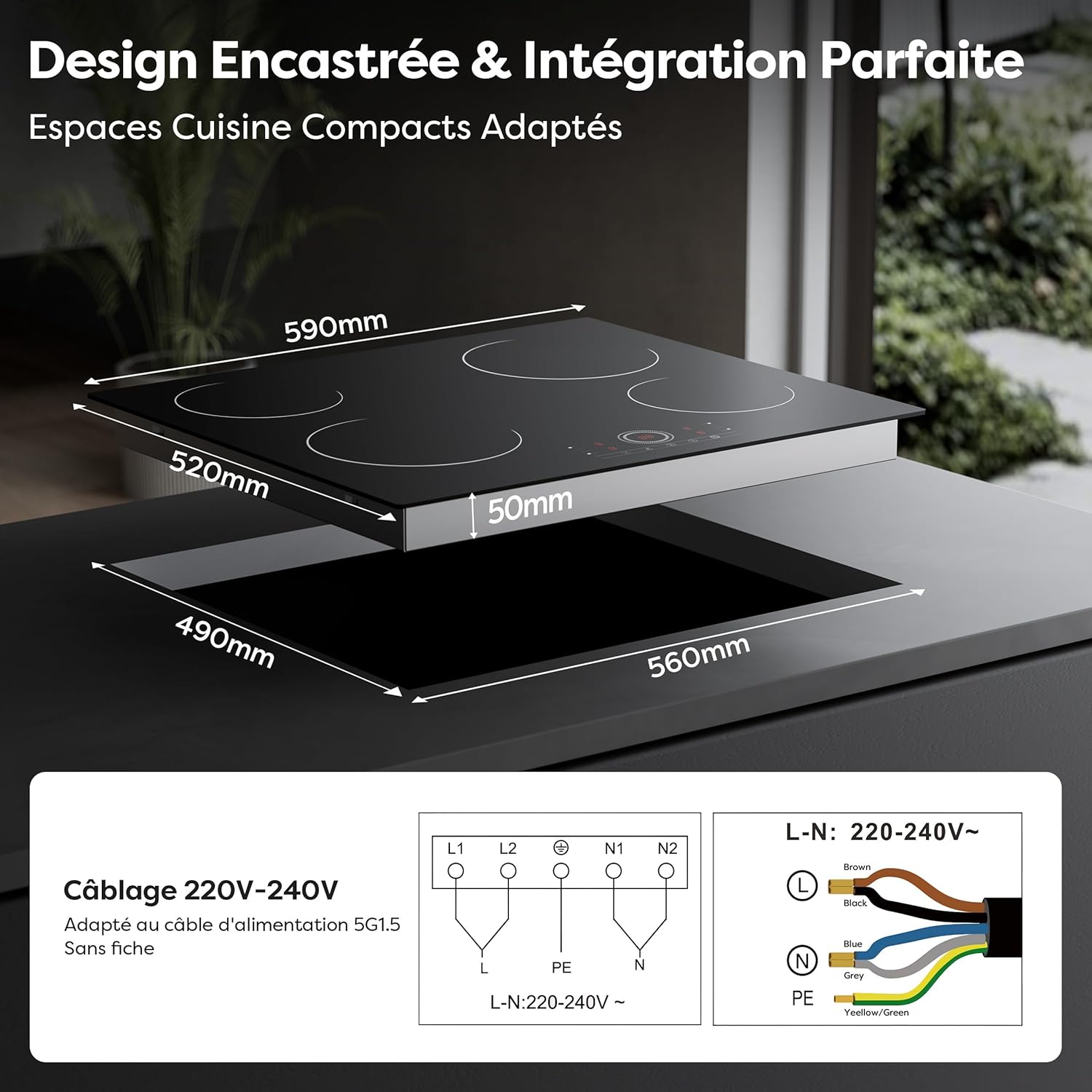 Plaque de Cuisson Electrique 6000W, Plaque Vitrocéramique 4 Feux Encastrable, 59CM, Minuteur, Verrou de Sécurité, Pour tous Types de Casseroles 4 Foyers