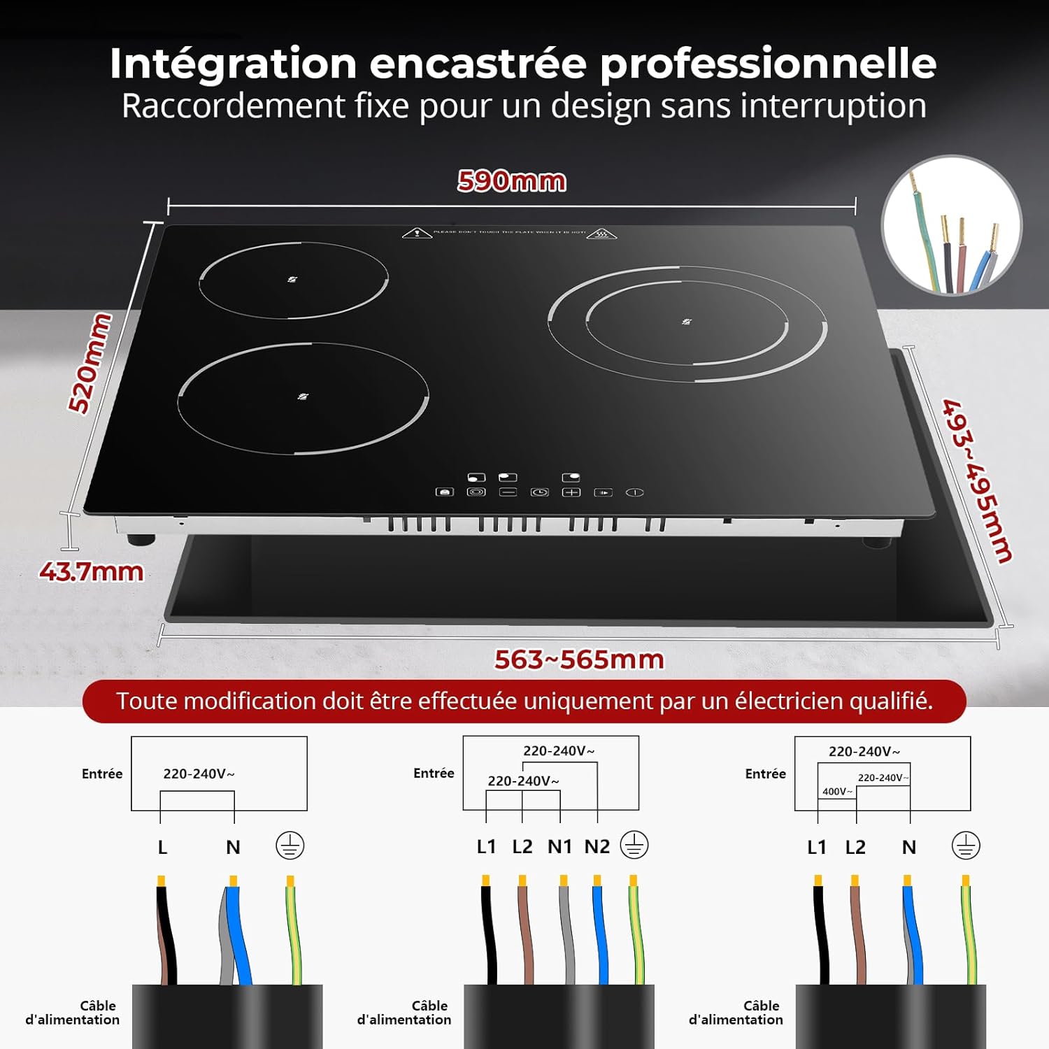 Plaque Vitrocéramique 3 Feux, 5200W, Plaque de Cuisson Electrique Encastrable 59cm, 9 Niveaux de Puissance, Sécurité Enfants, Minuteur 99 Min, Grattoir Inclus, Compatible Tous Ustensiles 3 Feux - 5200W