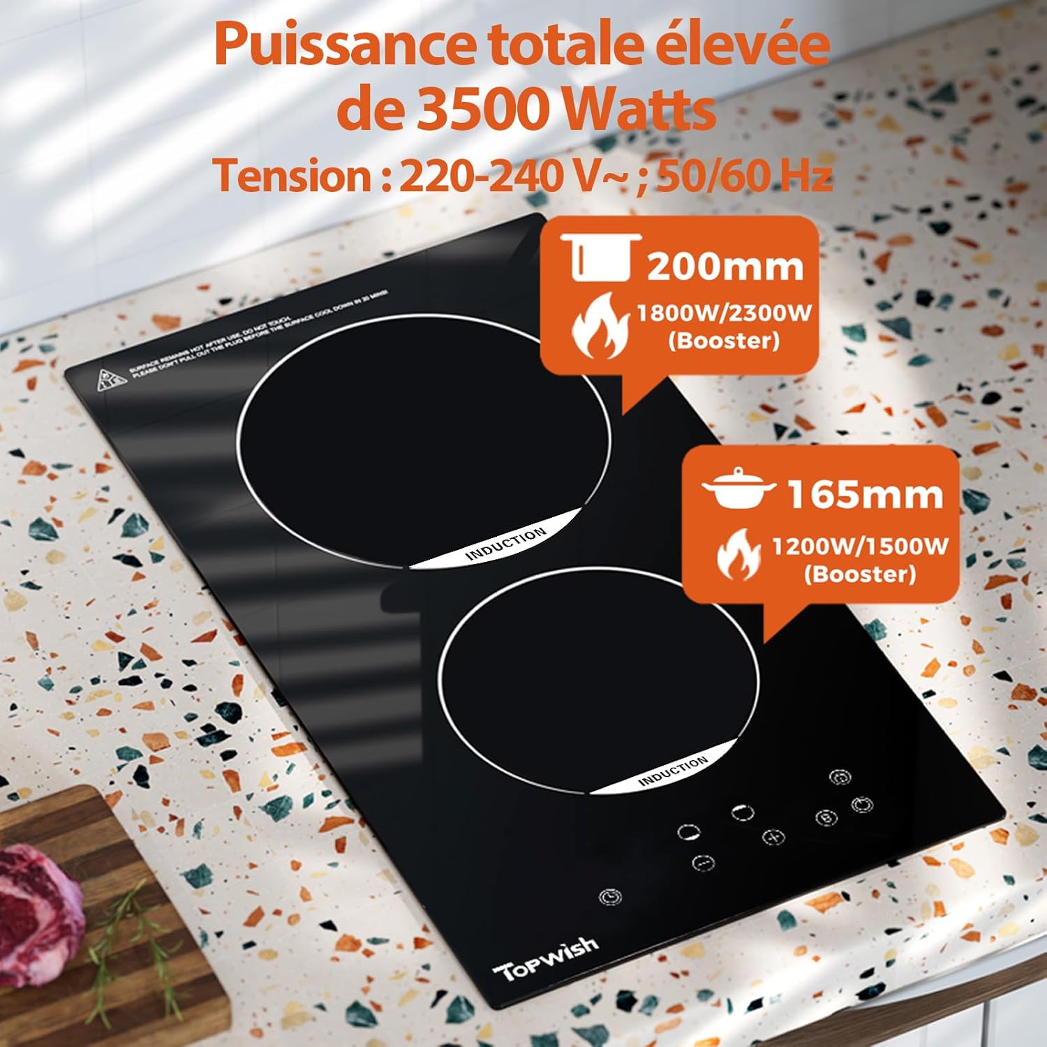 Plaque induction 2 feux, plaque de cuisson induction 2 feux, plaque de cuisson electrique 30cm con verrou de sécurité, funzione Boost, voyant de surface chaude, protection d'extinction, 3500W 2 Fuochi Induction