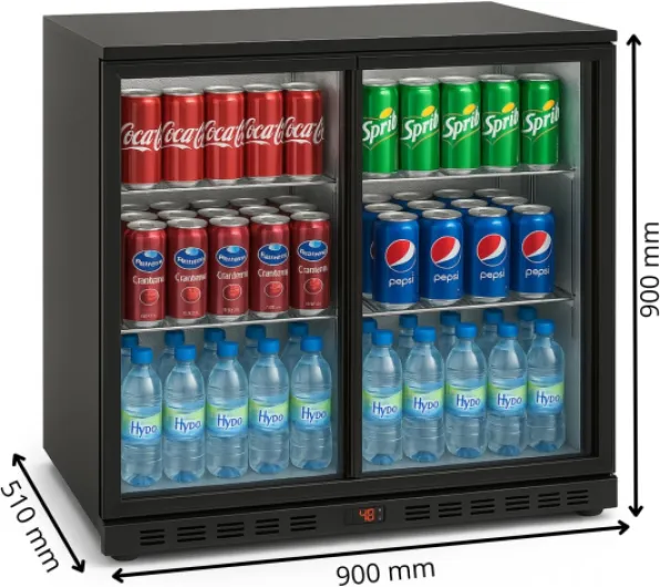 Générique Arrière-Bar Réfrigéré - 2 Portes Vitrées Coulissantes – 208 L – Éclairage LED – Température 2°C à 8°C – Compact et Économique – Dimensions : 900 x 510 x 900 mm