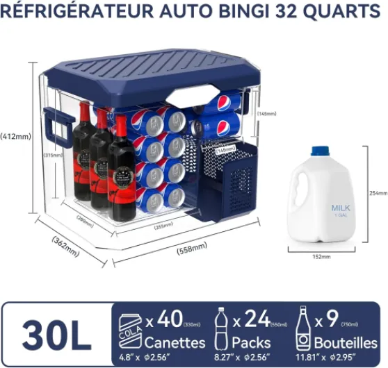 BINGI Glacière Electrique Voiture 30L à Compression avec Refroidissement Rapide - Réfrigérateur Portable Jusqu‘à -18°C, 12V/24V/220V, Pour Camping-Car, Van, Camion, Bateau, Voiture, Maison, Camping 30L Bleu