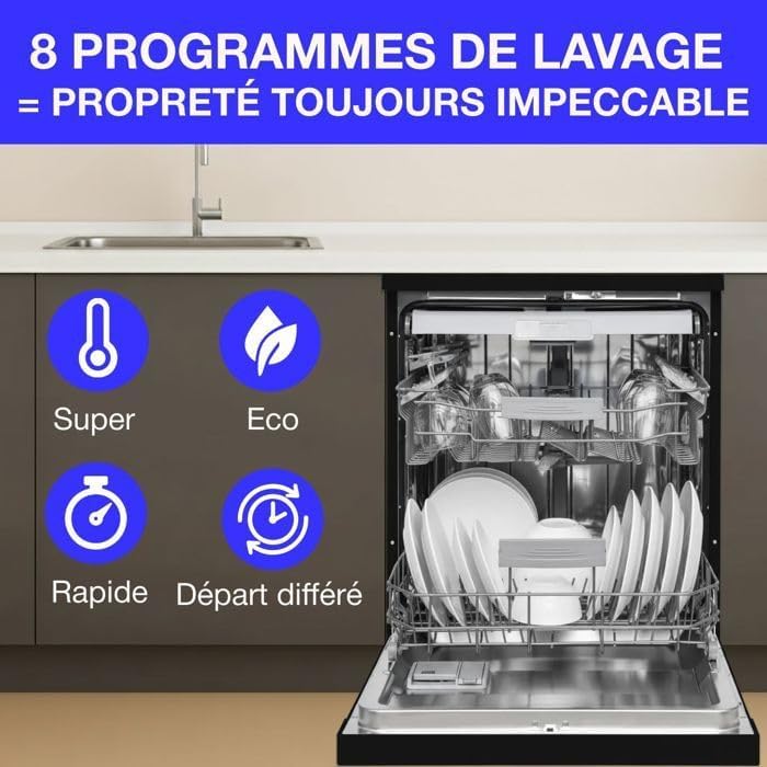 Lave-vaisselle pose libre CONTINENTAL EDISON - 15 couverts - Largeur 59,8 cm - Classe D - moteur induction - 39 dB - Noir