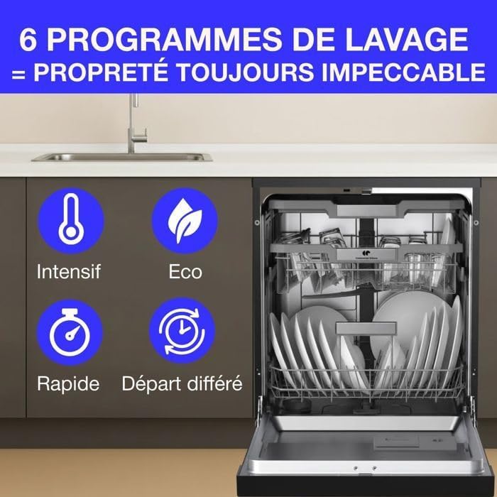 Lave-vaisselle pose-libre - CONTINENTAL EDISON - CELV1544IBP - 15 couverts - Inverter - 60 cm - 42 dB - Noir mat