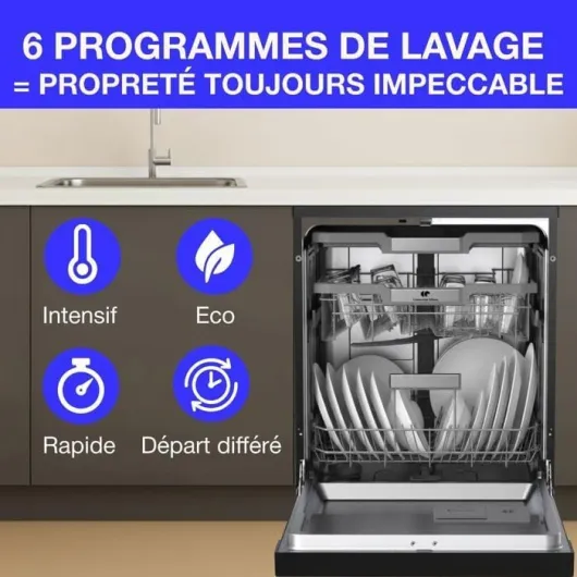 Lave-vaisselle pose-libre - CONTINENTAL EDISON - CELV1544IBP - 15 couverts - Inverter - 60 cm - 42 dB - Noir mat