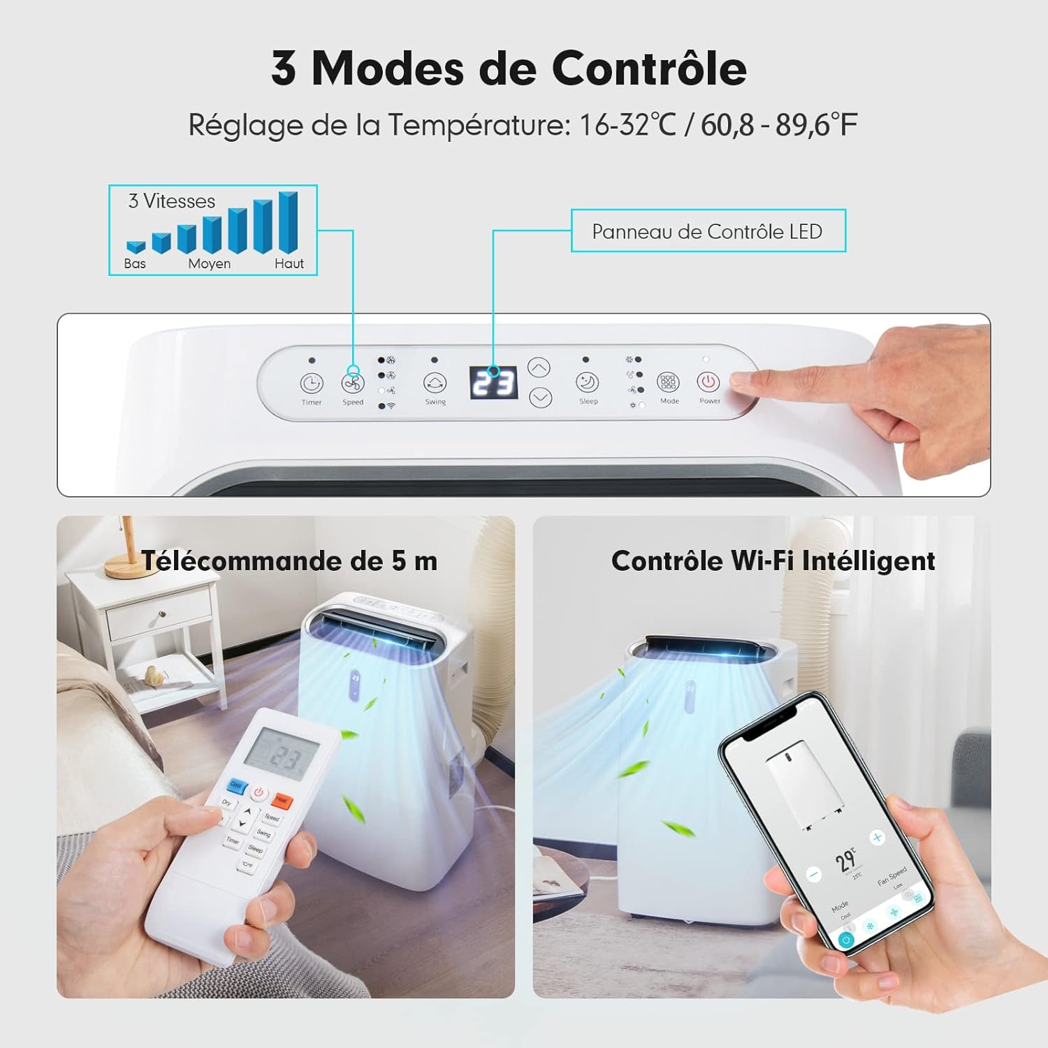 Climatiseur Mobile 16000BTU 4,7kW 5 en 1 Fonction de Refroidissement, Chauffage, Déshumidification, Ventilation, Mode Nuit, Minuterie 24H, Contrôle Télécommande/Écran, 45-50㎡, R290 16000BTU-45-50m²