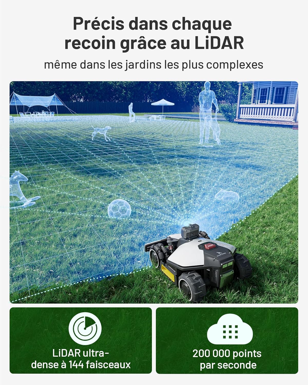 LUBA Mini AWD LiDAR – Robot Tondeuse sans Fil Périphérique, avec LiDAR 3D+AI Vision, sans Antenne RTK, Cartographie Automatique, 1 500 m² Recommandés, Module 4G, Pente Jusqu’à 80%