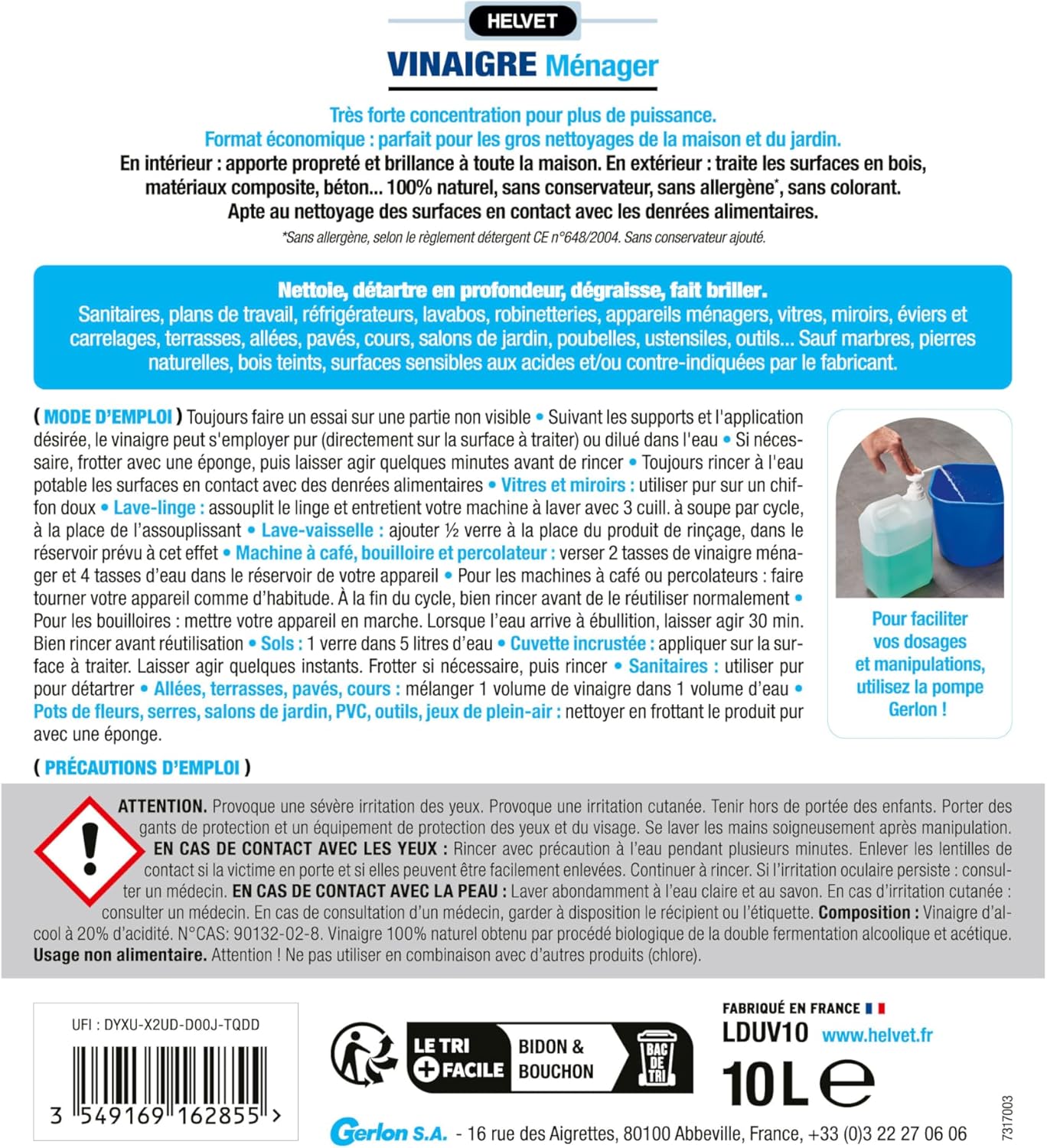 HELVET VINAIGRE BLANC MENAGER 20 Degrés – SUPER CONCENTRE – Gros Format 10L pour le Nettoyage de la Maison et des Extérieurs – Produit 100% Naturel