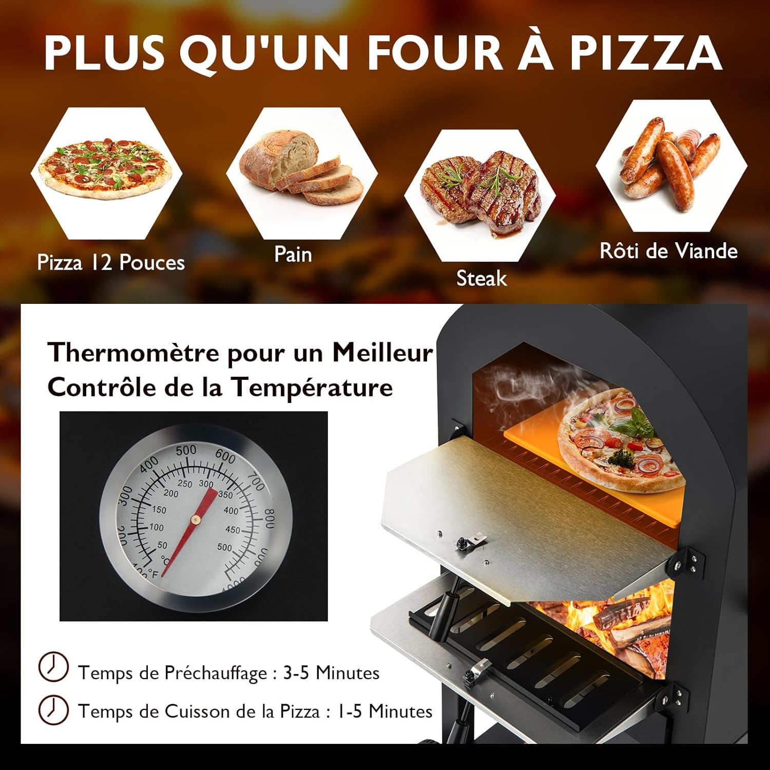 Four à Pizza Extérieur 162cm à Bois ou à Pellet, Cuisson Facile avec Thermomètre, Pierre à Pizza, Grilles, Pelle, Accessoires Complets, pour Camping, Fêtes, Barbecues