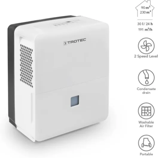 Déshumidificateur électrique TTK 96 E – 30 L/24h, pour pièces jusqu’à 90 m², hygrostat réglable 35–85%, mode séchage linge, minuterie, bac 3 L, drainage continu 90 m² / 30l/j
