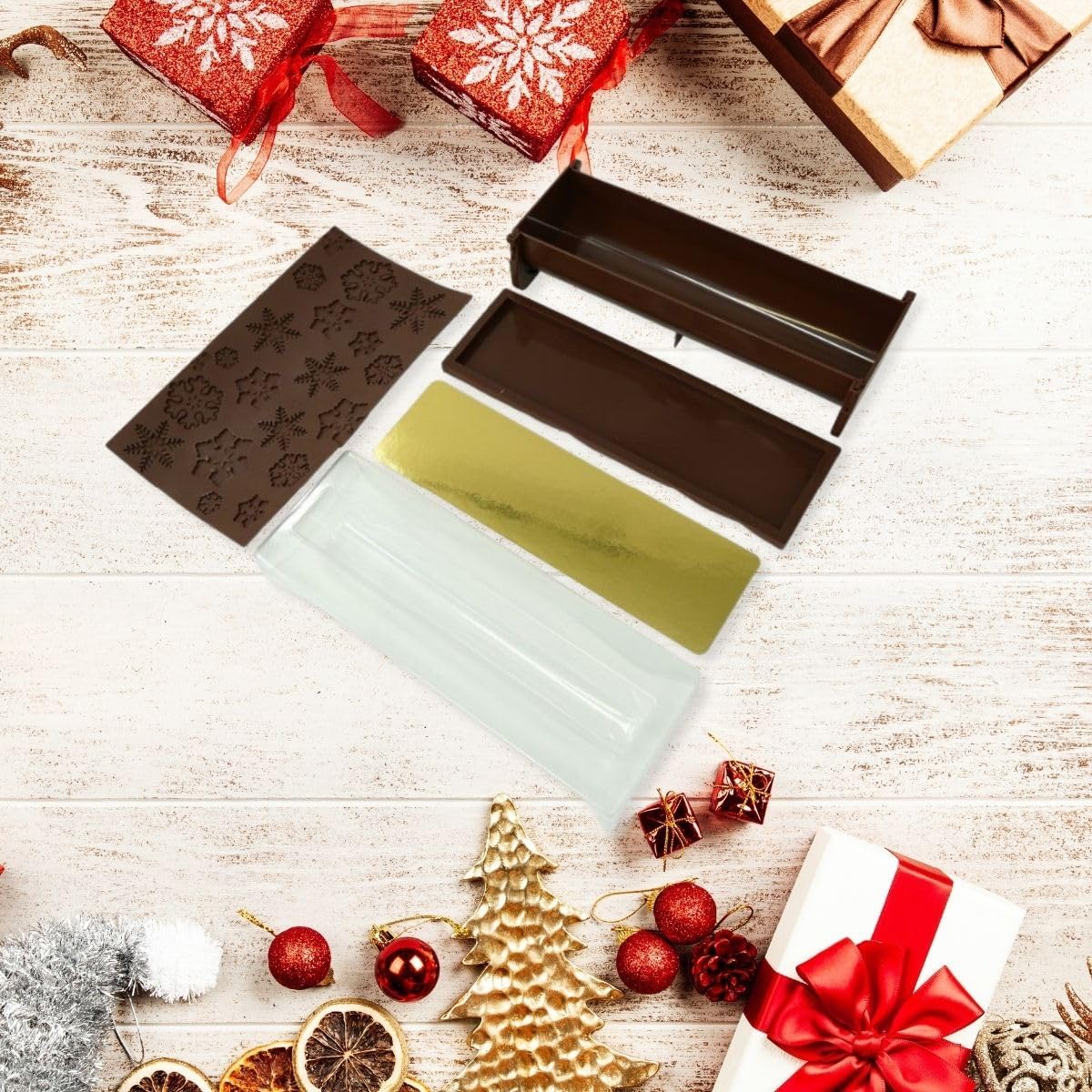 684286 Moule à bûche à Relief Flocons de Neige, Moule à bûche de Noël, Kit de réalisation de bûche de Noël, Plastique, Silicone, 30x8x6,5cm, Marron