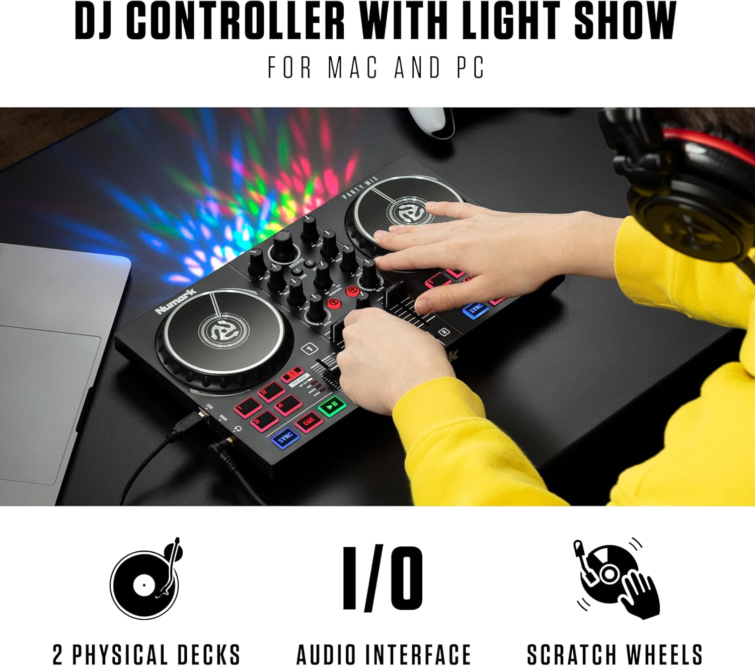 Numark Party Mix II Platine DJ avec Lumières LED, Carte Son et Table de Mixage, avec Serato DJ Lite pour Mac et Win OS Party Mix 2 - Noir