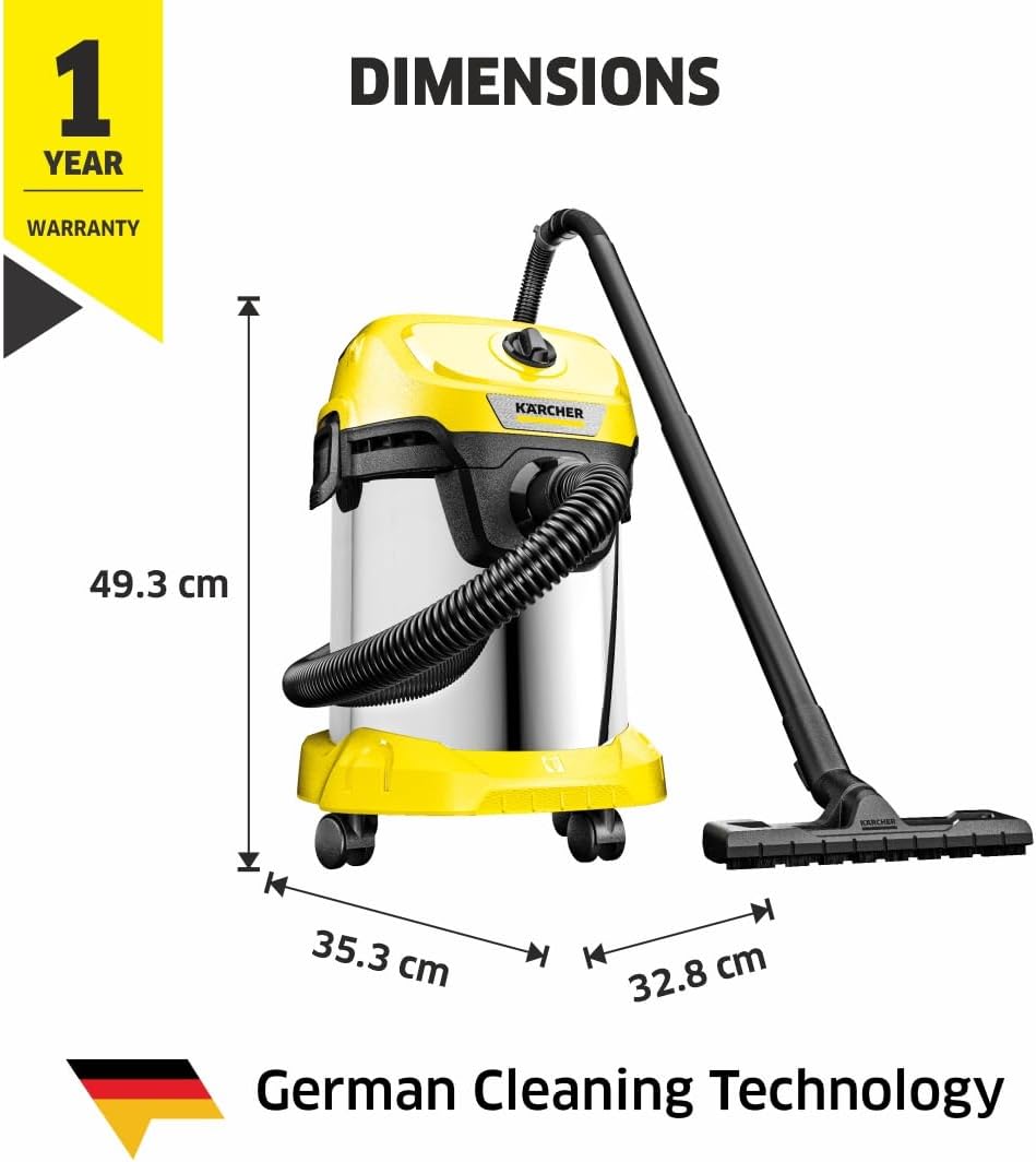 Kärcher Aspirateur Eau et Poussières WD 3 S V-17/4/20, Filtre Cartouche, Sachet Ouate, 1000 W, Cuve en Acier Inoxydable : 17 l, Tube d'Aspiration : 2 m, Fonction Soufflerie, Suceur Sol/Fentes Unique Cuve Inox