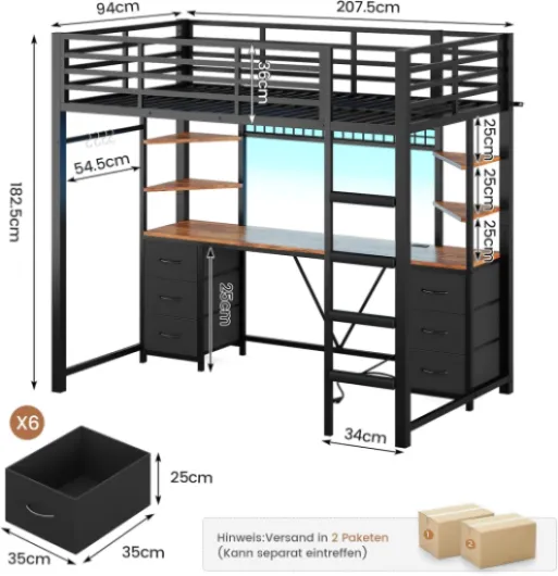 Lit Mezzanine 90x200 avec LED Intelligente & Multiprise - Lit Haut avec Bureau 35x200 cm, 6 Tiroirs XXL et 4 Étagères - Structure Métal Renforcée avec Barrières et Marches - Noir
