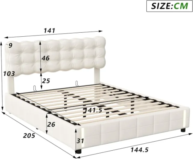 Lit Coffre 140x200 avec Sommier, Cadre de Lit Double Rembourré en Velours Gris, Tête de Lit Épaisse Design pour Adulte, Rangement Hydraulique et LED Intelligente, Structure Métallique Renforcée Beige Style - E 140X200CM