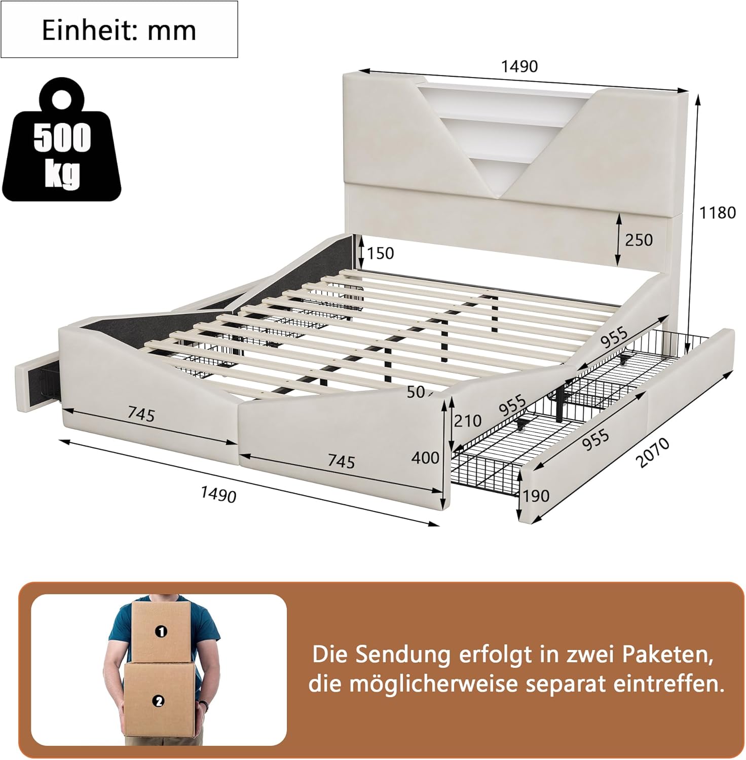 Lit 140x190 avec Sommier LED et USB-C,Lit Double Rembourré avec 4 Tiroirs et Rangement Intelligent, pour Adultes et Adolescents,Velours(Beige A, 140 x 190 cm) Beige A 140 x 190 cm