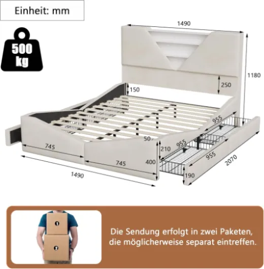 Lit 140x190 avec Sommier LED et USB-C,Lit Double Rembourré avec 4 Tiroirs et Rangement Intelligent, pour Adultes et Adolescents,Velours(Beige A, 140 x 190 cm) Beige A 140 x 190 cm