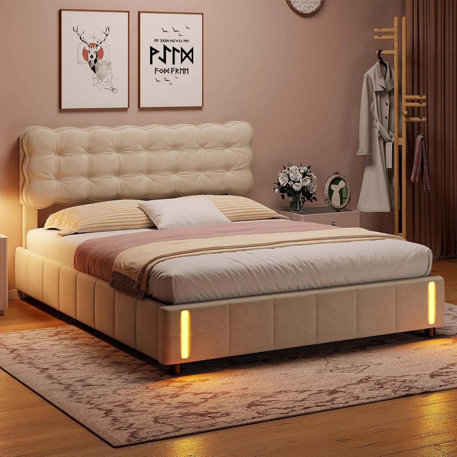 Lit Coffre 140x190 cm, tête de lit en Velours de 9 cm d'épaisseur, avec lumière LED à capteur Intelligent, lit Double rembourré, lit Coffre avec sommier à Lattes, Beige, Velours Beige 140 x 190 cm